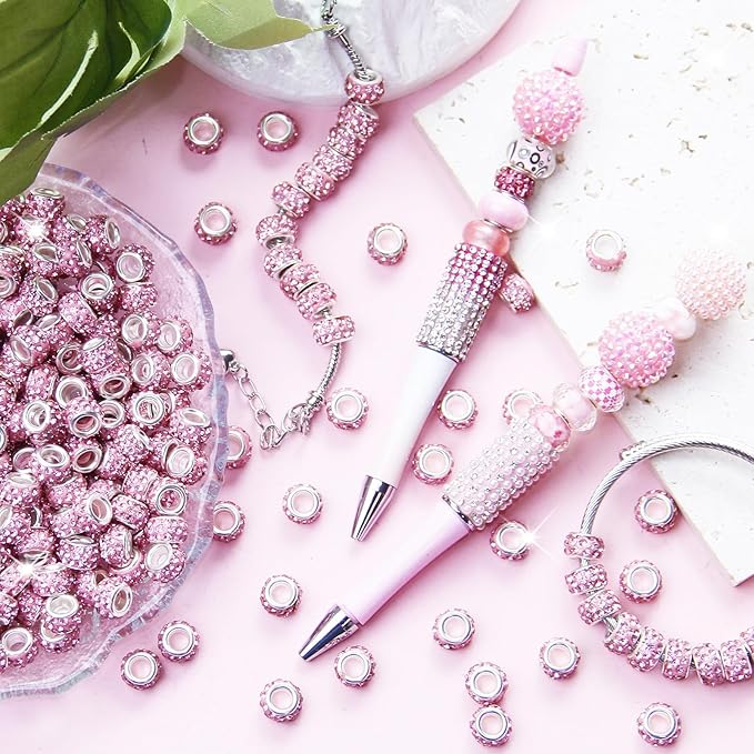 150Pcs Rhinestone Large Hole Beads Spacer Beads Pink European Craft Big Beads Large Hole Rhinestones Lampwork Murano Bead Fairy Wand Garden Beads for DIY Bracelet Necklace Jewelry Making Supplies