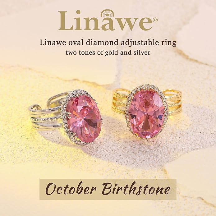 Linawe Birthstone Chunky Adjustable Rings for Women, Gold/Silver/Rose Gold Statement Rings, Imitation Diamond Fake Gemstone Crystal Cocktail Ring, Cubic Zirconia Costume Jewelry