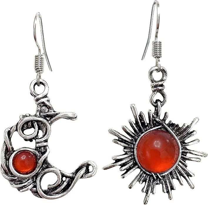 ANDPAI Unique Chic Abstract Hollow Black Vintage Silver Asymmetry Moon Star Sun Dangle Drop Earrings Black Moonstone Moon Hypoallergenic Earrings for Women Statement Jewelry Gifts