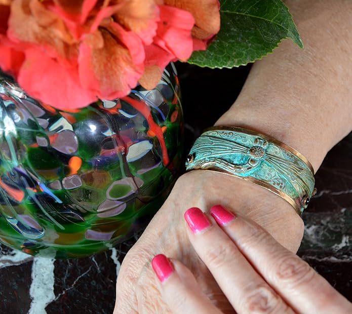 Elaine Coyne Collectible Artwear Verdigris Patina Solid Brass Decorative Dragonfly Cuff - Genuine Garnet