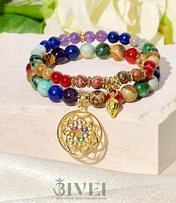Bivei Natural Semi Precious Gemstone beads bracelet for women - Life Tree and Leaf Charm Energy Reiki Crystal Stretch Bracelets