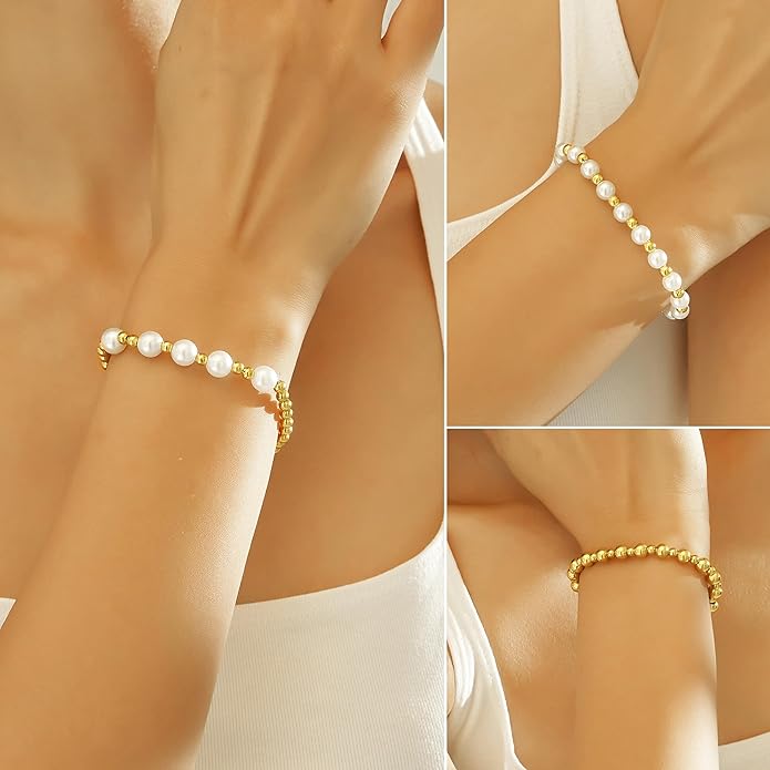 wgoud Gold Bracelets for Women - Trendy 14K Real Gold Plated Beaded Bracelet Set with Stretch Beads, Waterproof, Adjustable, Perfect Gifts