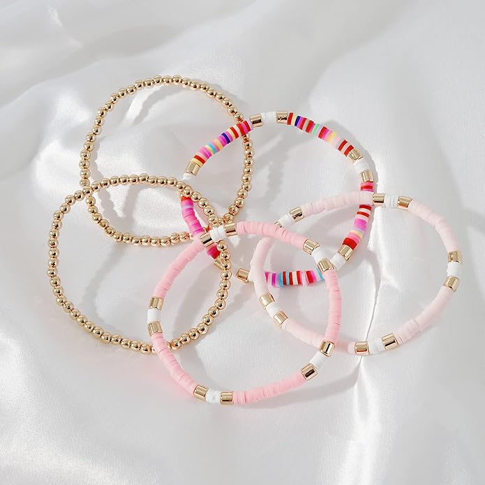 GOOJIDS Surfer Heishi Clay Bead Bracelets for Women Bohemian Stackable Gold Plated Beaded Stretch Bracelets Elastic Layering Friendship Bracelets Set Boho Jewelry