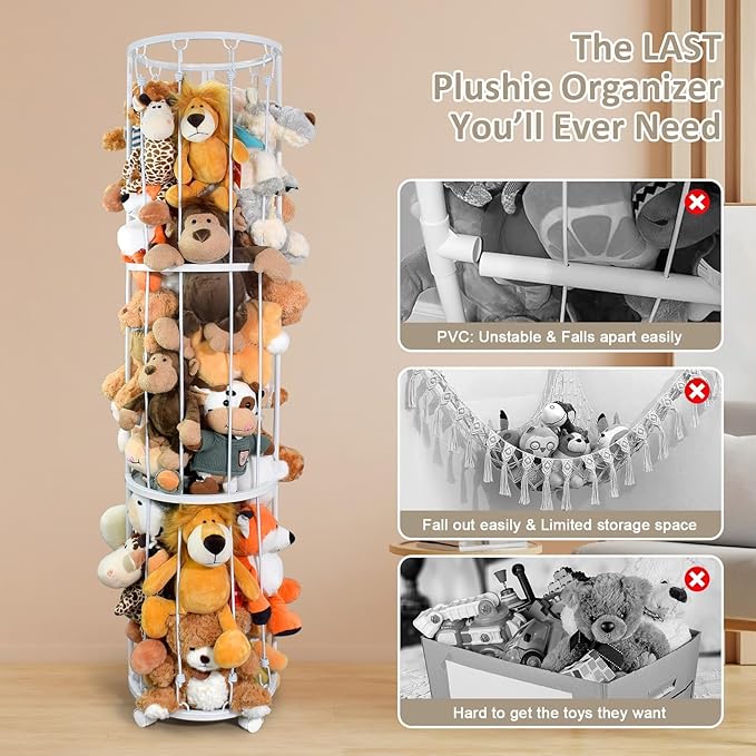 Stuffed Animal Storage Zoo Plushies Toy Storage Organizer, Metal Tube Stuffed Animal Holder with Brake Wheels, Space Saving Plush Toy Holder for Playroom Bedroom Nursery (White)