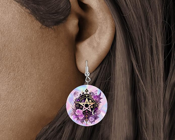 Round Wood Earrings Light Weight Printed Image Dangle Jewelry