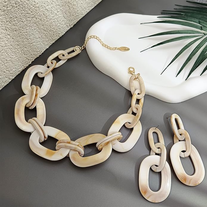 Bocar Acrylic Chunky Statement Necklace for Women Cube Link Chain Collar Necklace and Hoop Earrings Costome Jewelry Set