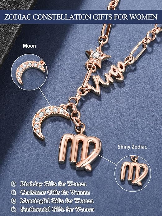 14K Gold/Rose Gold Zodiac Necklace for Women - Horoscope Constellation Pendant with Moon and Star, Luxury Birthday Gifts Jewelry for Her (12 Zodiac Signs)