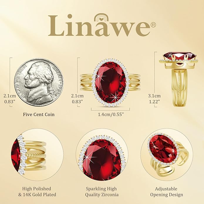 Linawe Birthstone Chunky Adjustable Rings for Women, Gold/Silver/Rose Gold Statement Rings, Imitation Diamond Fake Gemstone Crystal Cocktail Ring, Cubic Zirconia Costume Jewelry