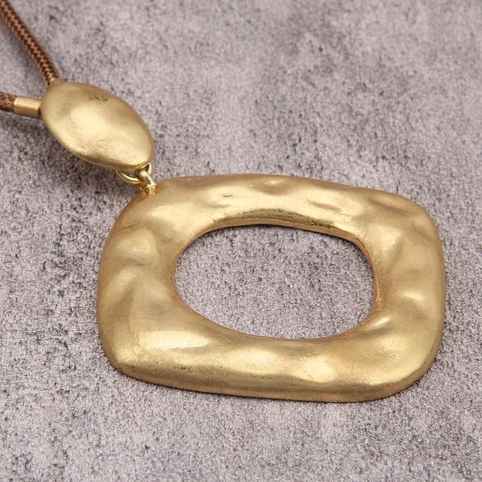 GelConnie Leather Necklace for Women Large Pendant Long Brown Necklace Circle Leather Choker Vintage Sweater Necklace Gold Chunky Boho Necklaces for Women