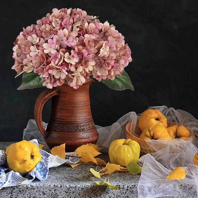 Kimura's Cabin 6pcs Fake Hydrangea Vintage Artificial Flowers, Fall Pink | Silk - Image 4