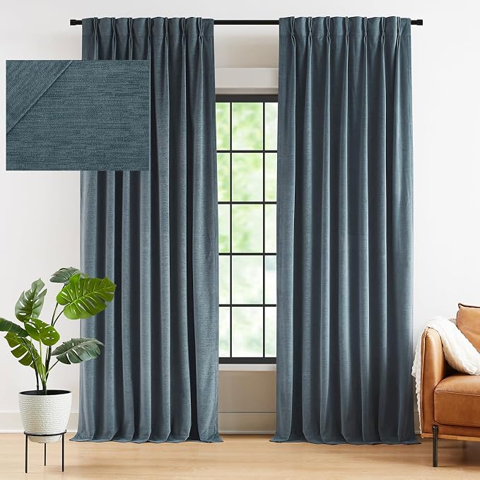 Kayne Studio Storm Blue Soft Velvet Pinch Pleated Curtains 112 Inches Long | by KayneStudio