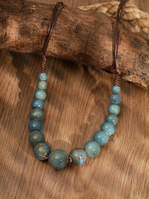 MINACHI Hippie Boho Colorful Ceramic Round Beads Strand Necklace, Bohemian Fashion Statement Jewelry Gift for Women