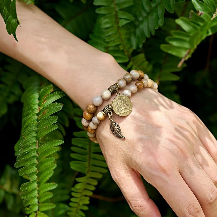 Bivei Natural Semi Precious Gemstone beads bracelet for women - Life Tree and Leaf Charm Energy Reiki Crystal Stretch Bracelets
