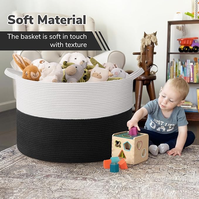 INDRESSME 115L Extra Large Woven Rope Blanket Basket Living Room WhiteBlack | - Image 6