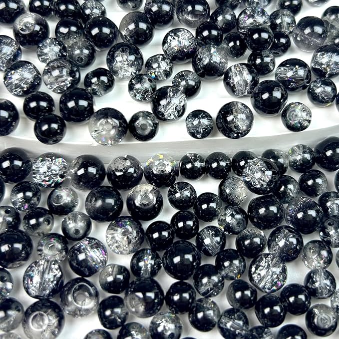 300pcs Crackle Glass Beads, 6mm and 8mm Black Crystal Glass Beads Round Loose Spacer Bulk Beads for DIY Craft Earring Necklace Bracelet Jewelry