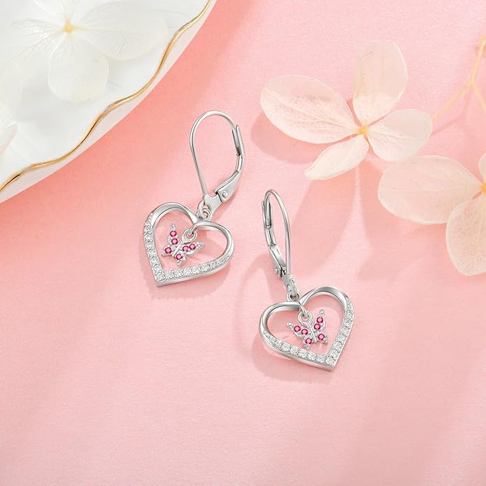 Butterfly Birthstone Heart Dangle Drop Earrings, 925 Strlings Silver 5A Cubic Zircon Leverback Earrings Jewelry Anniversary Birthday Gifts for Women