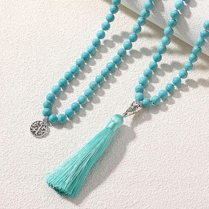 INBLUE 108 Mala Prayer Beads Wrap Necklace with Long Tassel Boho Necklace for Women Amazonite Bead Bracelet with Spiritual Tree of Life Pendant 108 Beads Necklace for Meditation