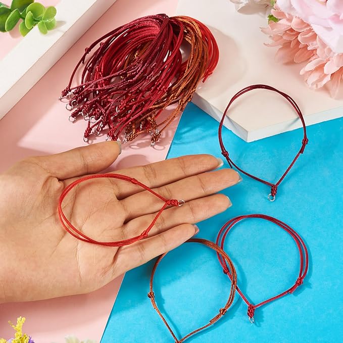 40Pcs Adjustable Braided Cord Colorful Waxed Thread Half Finished Bracelet with Jump Rings Knotting Bracelet Ropes for Wrist DIY Women Jewelry Friendship Bangle Decor 8.5-16cm Long-Red