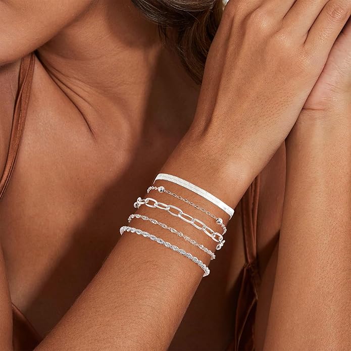 VIBILIA Dainty Gold Chain Bracelet for Women Trendy Stackable Adjustable Layered Metal Bracelet Gold Plated Twist Link Figaro Chain Paperclip Bracelets Fashion Jewelry