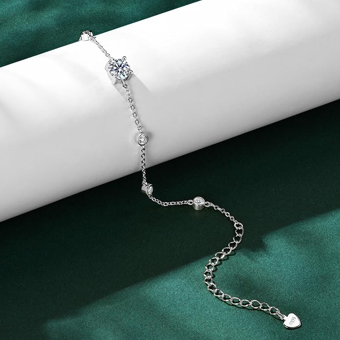 Bezel Station Link Bracelets for Women, 1.36cttw D Color Moissanite Bracelet 925 Sterling Silver for Wife or Mom, Adjustable Chain