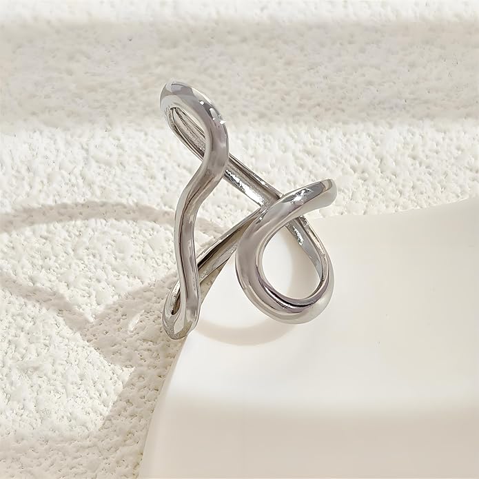 Chunky Rings For Women, Gold Silver Thumb Ring Asymmetrical Wavy Curve Ring Adjustable Non Tarnish Dainty Stainless Steel New Year Anniversary Birthday Jewelry Gift