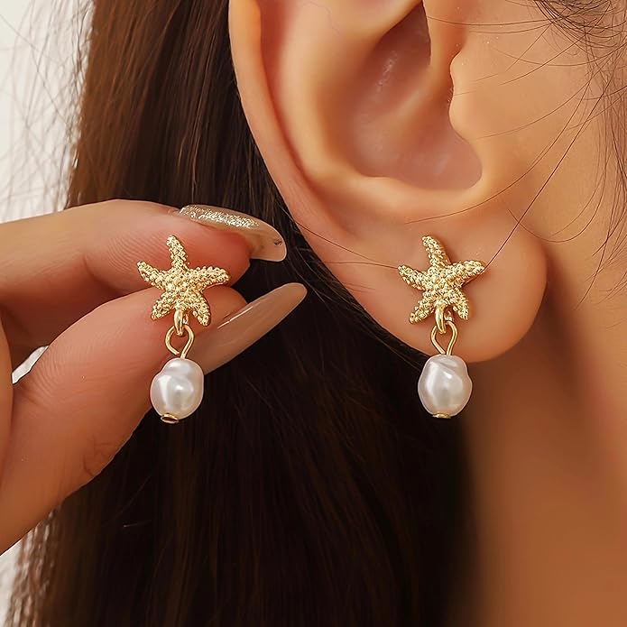 Gold Starfish Earrings for Women Trendy Dainty Starfish Statement Stud Earrings Hypoallergenic Summer Beach Ocean Coastal Jewelry