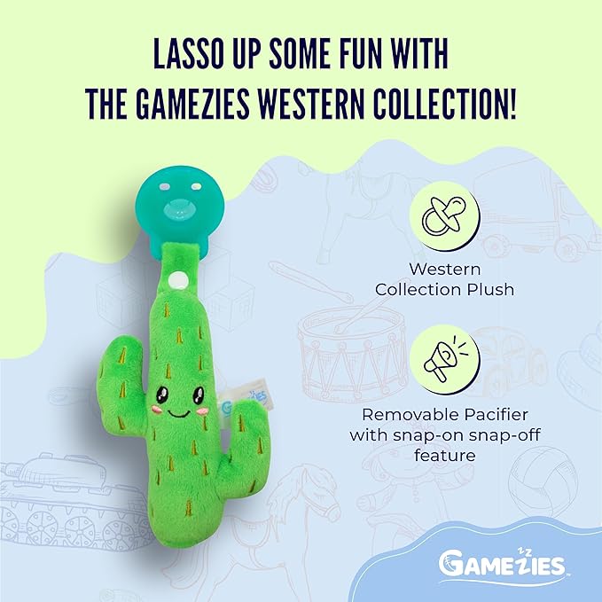 Gamezies Baby Boy and Girl Silicone Cactus Plush Pacifier with Detachable Western Plush Toy Holder, CPSIA Tested, BPA-Free 0-6 Months