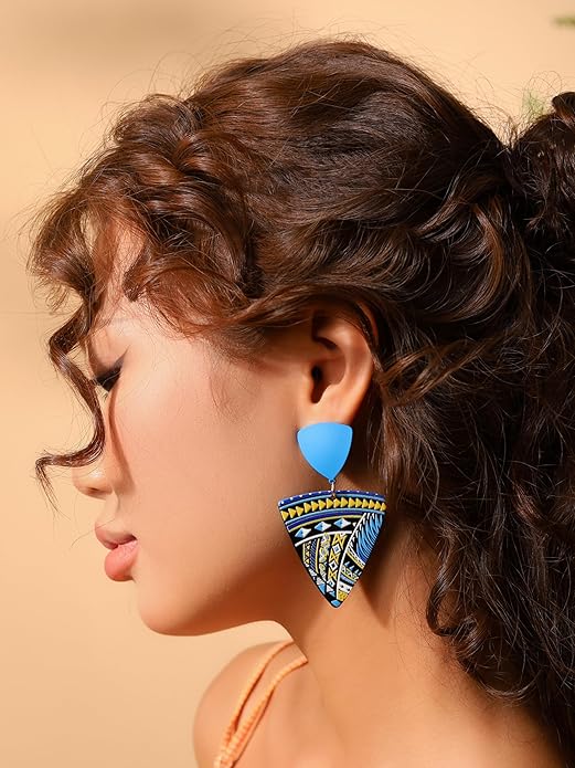 MINACHI Boho Chic Geometric Drop Earrings, Vibrant Multicolor Pattern with Navy Accent Beads & Glossy Studs, Jewelry Gift for Women