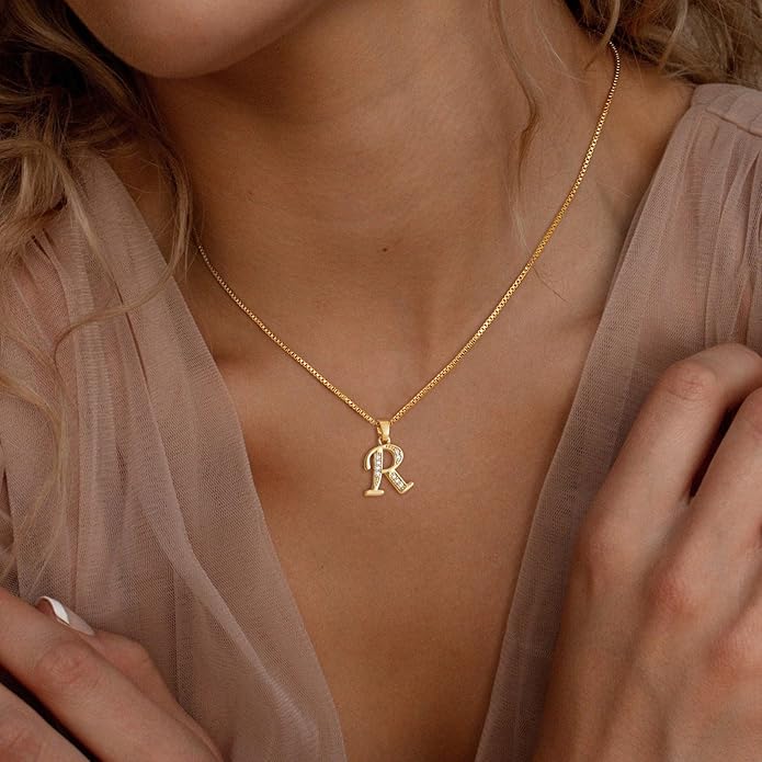 Initial Necklace for Women, 14K Gold Plated Box Chain Letter Pendant, Trendy Name Necklace, Dainty Personalized Jewelry Valentines Day Gift for Her