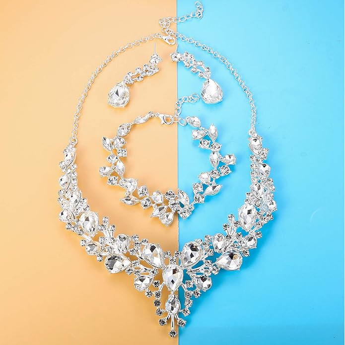LOYALLOOK Crystal Bridal Jewelry Set for Women Rhinestone Necklace Earrings Bracelet Wedding Bridesmaid Gifts fit with Wedding Dress