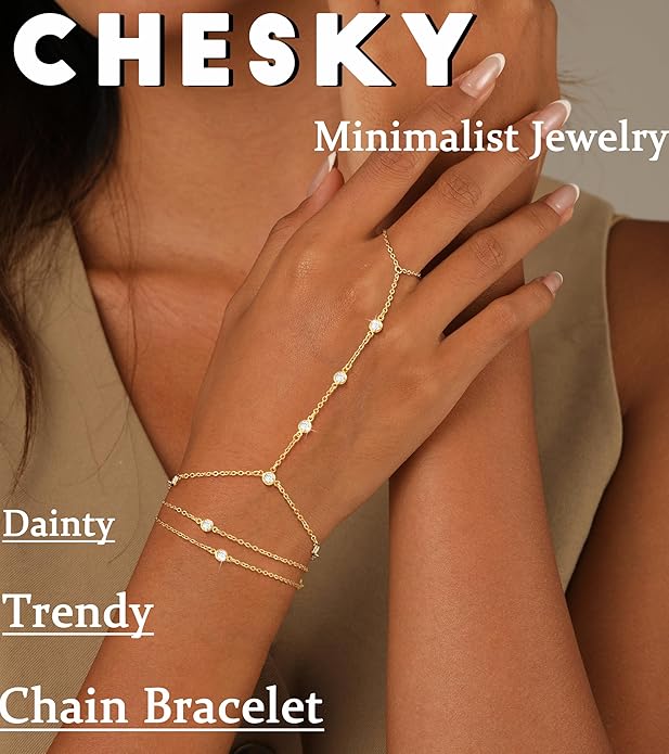 CHESKY 14K Gold Plated Hand Chain Bracelets for Women Set - Dainty Finger Ring Bracelet Stack Adjustable Hand Chains Durable Beaded Bracelets Trendy Simple Body Jewelry Gift for Women