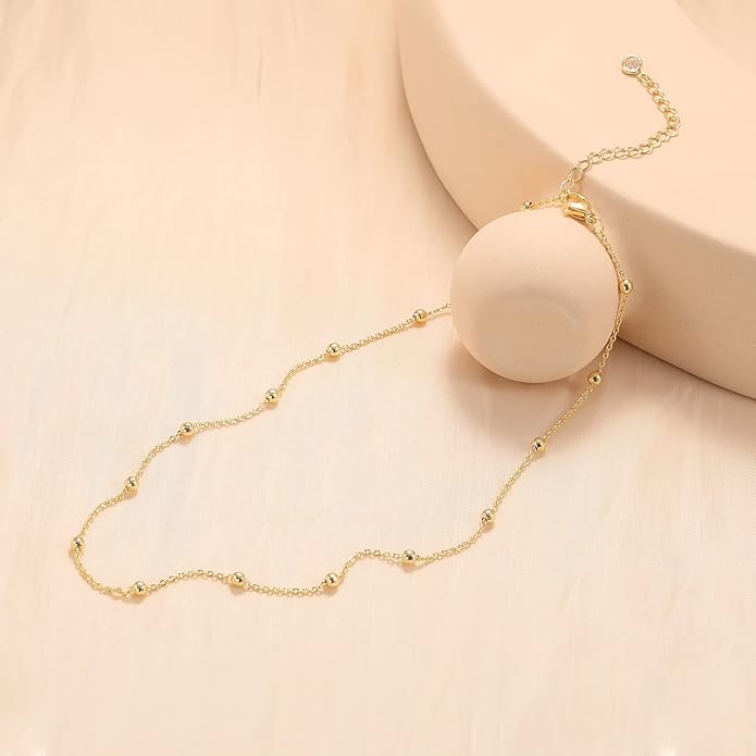 CHESKY 14k Gold Plated/Silver Plated Dainty Necklace for Women, Trendy Satellite Choker Necklace Thin Beaded Layered Choker Necklaces Discs Paperclip Chain Necklaces Womens Simple Jewelry