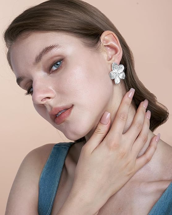 18K Gold Plated Large Chunky Flower Statement Earrings for Women by SNGIA, Summer Beach Floral Handmade Drop Jewelry, Maximalist Wedding Date Birthday Gift, Bold Exaggerated Textured Dangle Trendy Ribbed Jewelry, 18K Gold Plated Chandelier Fashion Acce...