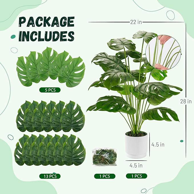 Der Rose 28" Fake Plants, Artificial Monstera Plants Indoor in White Pot | Faux - Image 3
