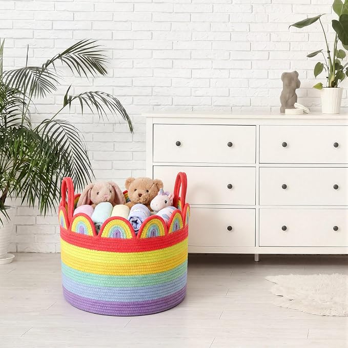 LemonRoad Round Woven Basket Bright Rainbow, Cotton Rope Scalloped Edge Tassels - Image 6