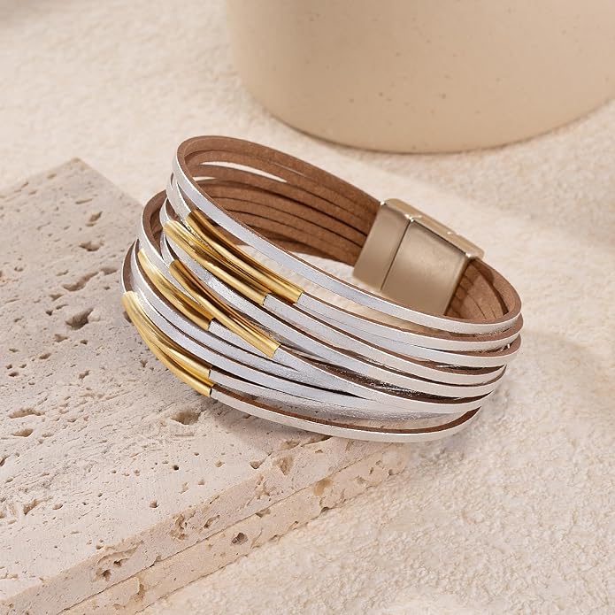 Wrapped Bracelets for Women,Leather Bracelet,Boho Bracelets for Women,Multi-Layer Pearl Crystal Bracelet Bangle Jewelry