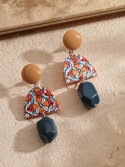 MINACHI Boho Chic Geometric Drop Earrings, Vibrant Multicolor Pattern with Navy Accent Beads & Glossy Studs, Jewelry Gift for Women