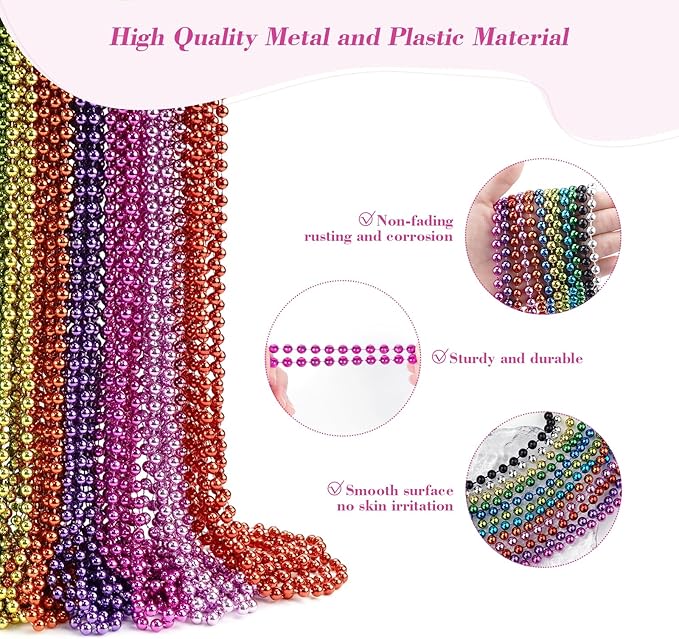 YAXINRUI 72 PCS Mardi Gras Beads Necklaces, 33 Inch 12 Colors Party Bead Necklace for Mardi Gras, Christmas, St. Patrick's Day, Throw Beaded Party Favors in 12 Shiny Metallic Colors