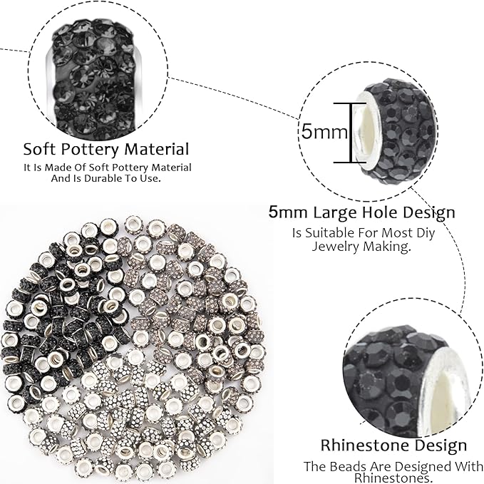 200 Pieces European Large Hole Spacer Beads, Zyehxed Black European Craft Beads Rhinestone Lampwork Beads Garden Beads for DIY Charms Bracelet Necklace Earring Jewelry Making Supplies