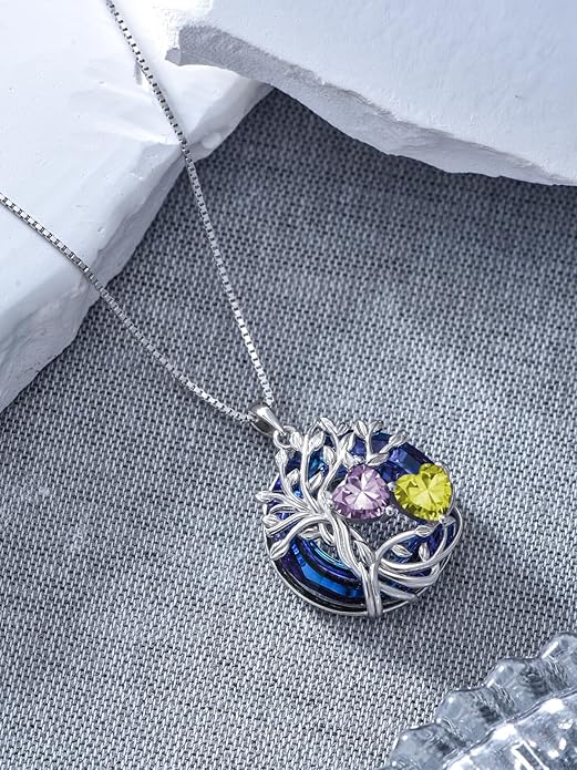 TOUPOP s925 Sterling Silver Family Celtic Tree of Life Pendant Necklaces with 2 Heart Birthstone with Blue Austrian Crystal Jewelry Birthday Valentines Day Gifts for Her, Anniversary Christmas Gifts for Wife Girlfriend Mom (18K Real White Gold Filled)
