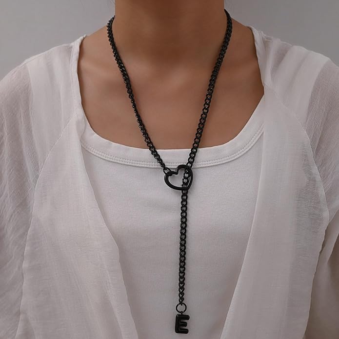 Black Heart Slip Chain Initial Necklaces for Women,Stainless Steel O-Ring Adjustable Lariat Heart Y-Necklace,Punk Gothic Cuban Collar Choker Necklace for women