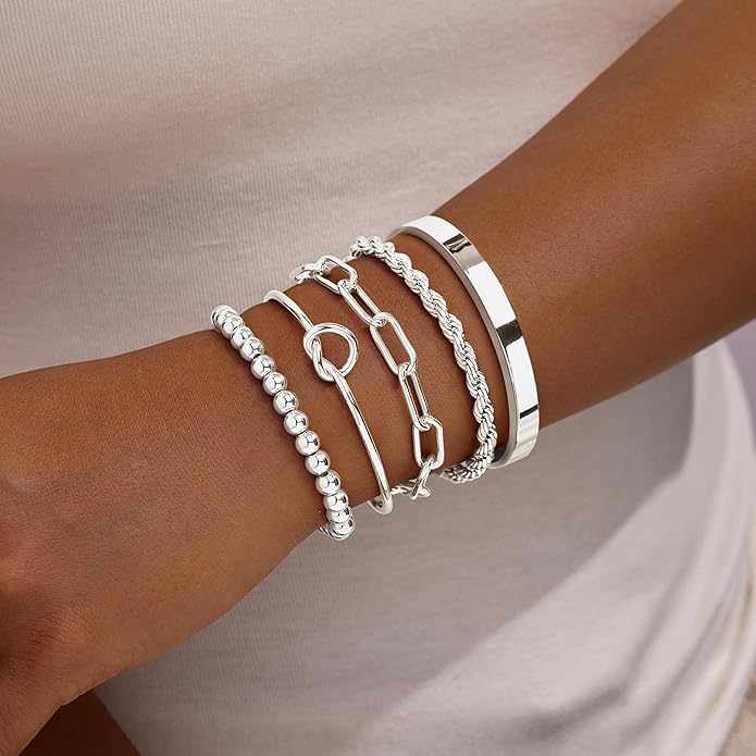Gold Bracelets Set for Women Non Tarnish, 14K Gold Plated Sterling Silver Chunky Cuff Bracelet Stackable Gold Bangles Bracelet for Women Trendy Fashion Accessories Tie Knot Cuban Rope Paperclip Beaded Bracelet Stack Jewelry Valentines Day Gifts