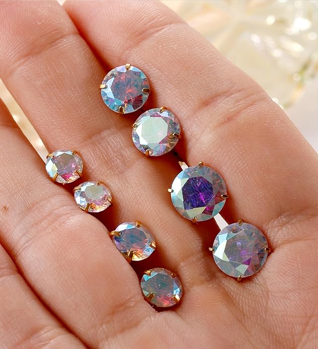 4Pairs AB Cubic Zirconia Earrings Studs Flat Back Earrings for Women 14K Gold CZ Flatback Stud Earrings Hypoallergenic Cartilage Nap Earrings