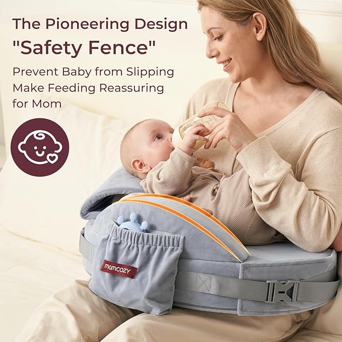 Momcozy CozyPro Nursing Pillow - All Around Lumbar & Arm Support - Safety Fence, Firm & Springy Memory Foam-Stable, Ergonomic Support, Easier Breastfeeding, Wider Cushion, Adjustable, Removable Cover