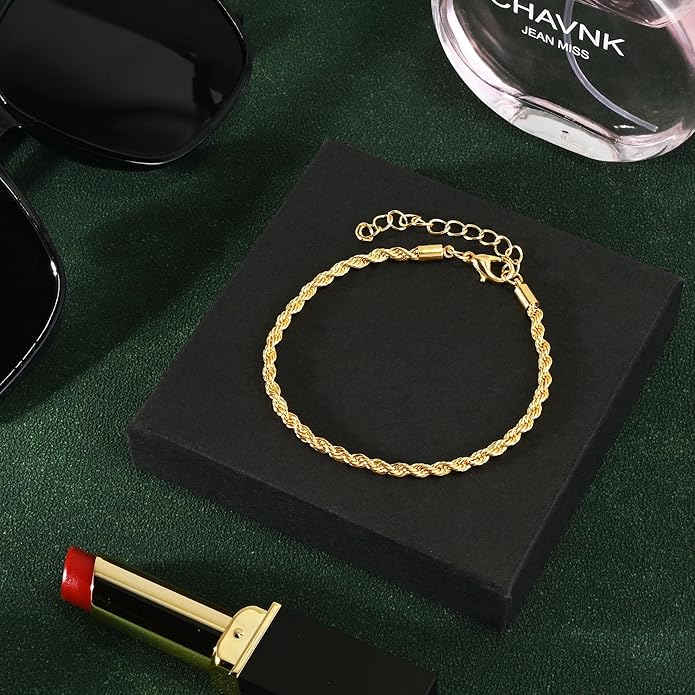 VIBILIA Dainty Gold Chain Bracelet for Women Trendy Stackable Adjustable Layered Metal Bracelet Gold Plated Twist Link Figaro Chain Paperclip Bracelets Fashion Jewelry