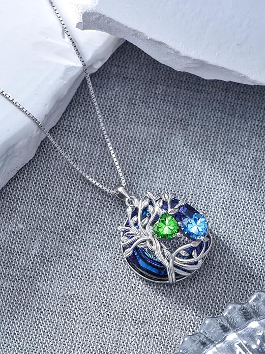 TOUPOP s925 Sterling Silver Family Celtic Tree of Life Pendant Necklaces with 2 Heart Birthstone with Blue Austrian Crystal Jewelry Birthday Valentines Day Gifts for Her, Anniversary Christmas Gifts for Wife Girlfriend Mom (18K Real White Gold Filled)