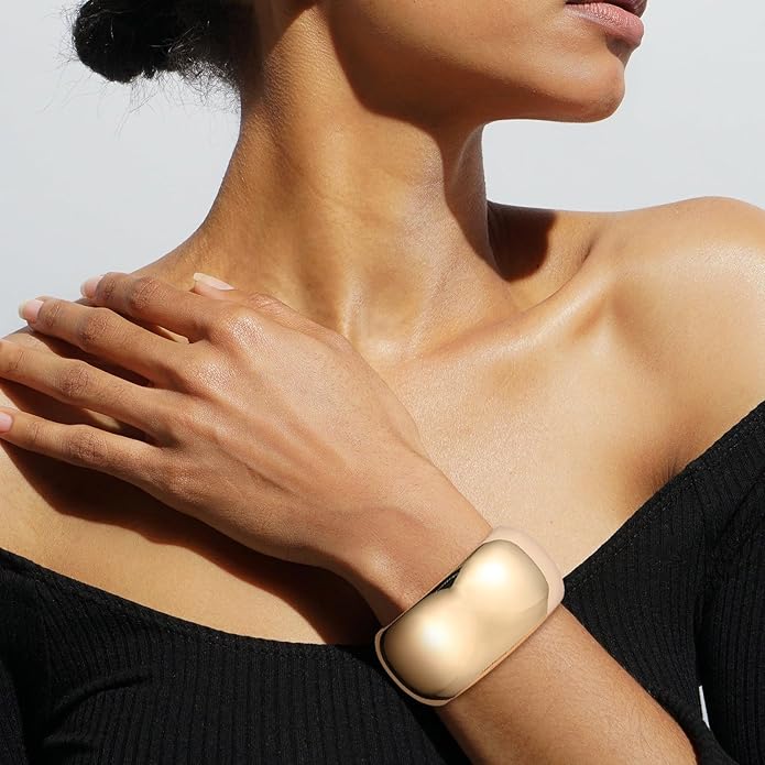 HZMAN 18K Gold Plated Wide Cuff Bracelet for Women - Premium Alloy Shiny Polished Double Layer Statement Bangle, Trendy Daily Wear Party Jewelry Accessory