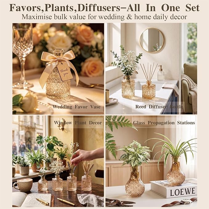 Clear Amber Gold Glass Bud Vase Set of 12 Pcs, Small Bud Vases in Bulk - Image 3