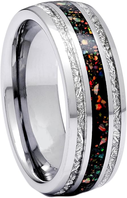 Created-Opal Ring with Imitated Meteorite 8mm Tungsten Wedding Band or Gift 7-13