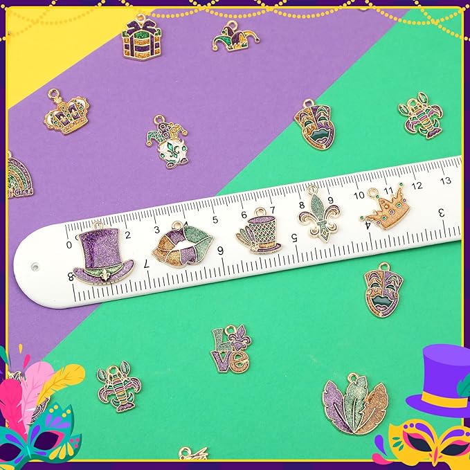 MARFOREVER 40 Pcs/20 Pairs Mardi Gras Charms for Jewelry Making, Glitter Mardi Gras Charm Carnival Mask Jester Fleur-de-lis Charms Pendants for Bracelets Necklace Earrings DIY Crafts Accessories Gifts